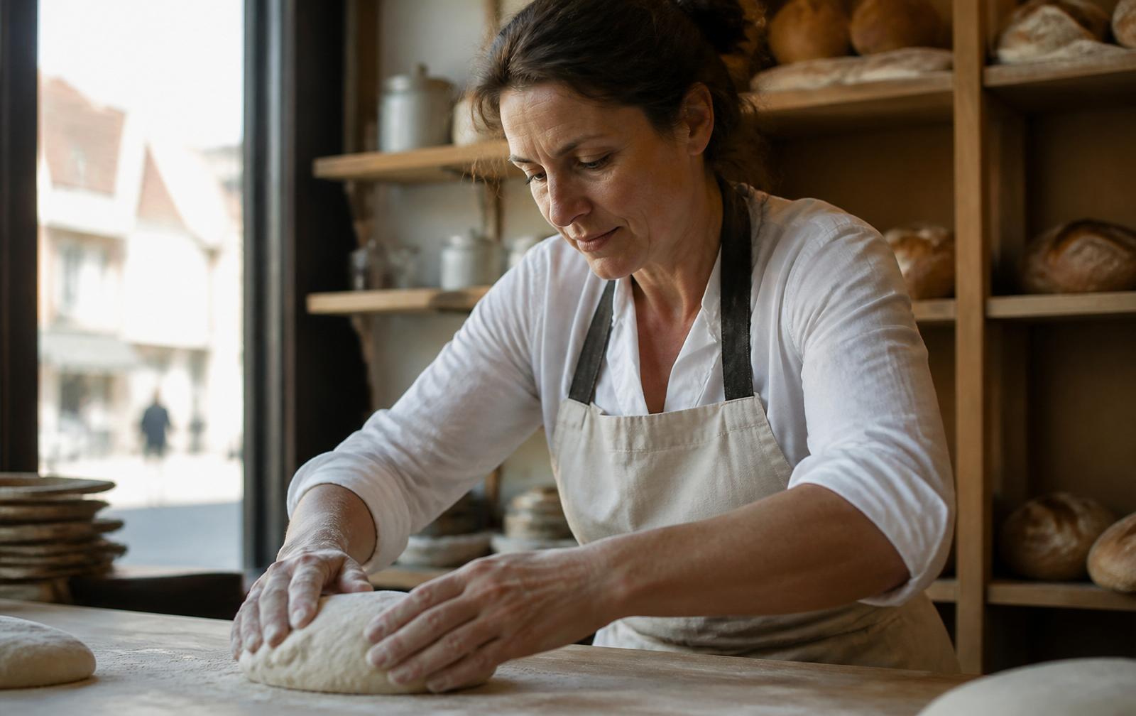 Boulangère au travail dans son fournil, mains sur la pâte